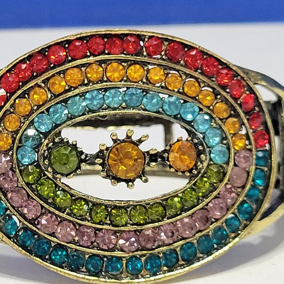 Vintage Rainbow Rhinestone Clamper Bangle Statement Bracelet - Picture 3 of 9